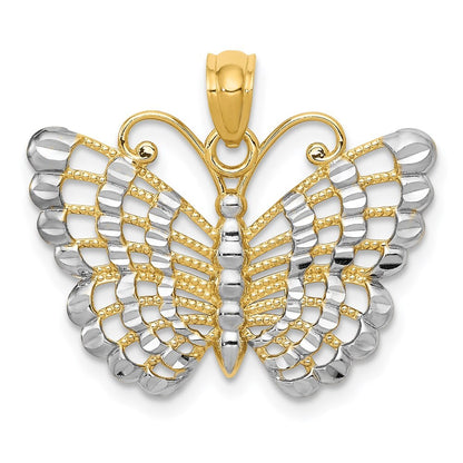 14k Yellow Gold and Rhodium Diamond-cut Butterfly Pendant for Women