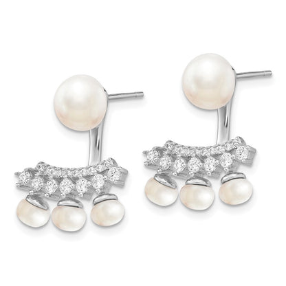Sterling Silver 5-8mm Button Cultured Pearl and CZ Earrings with Earring Jackets