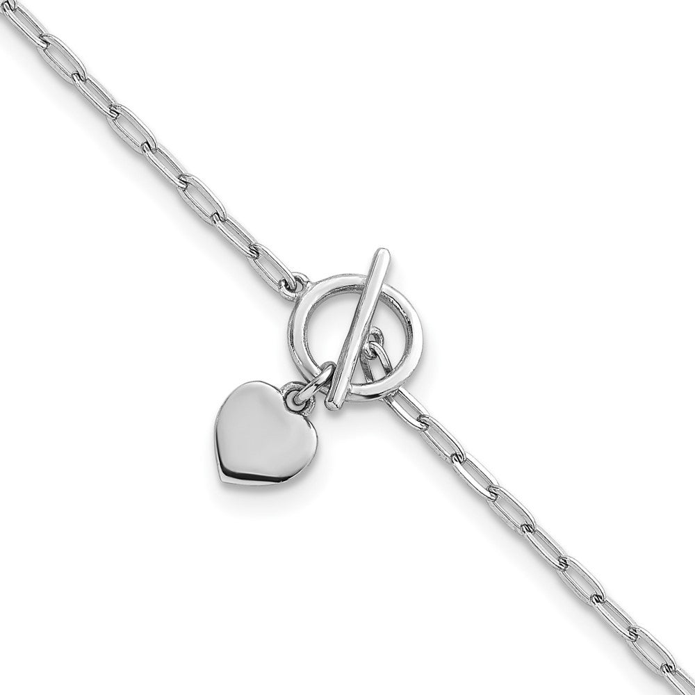 Sterling Silver Rhodium Heart Dangle Paperclip Link Bracelet 6.5" with 1" Ext