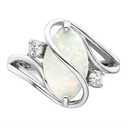 Sterling Silver Rhodium-plated White Created Opal & CZ Twist Ring Size 6