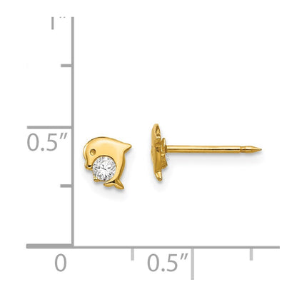 14k Yellow Gold Dolphin Cubic Zirconia Stud Earrings Gift for Women