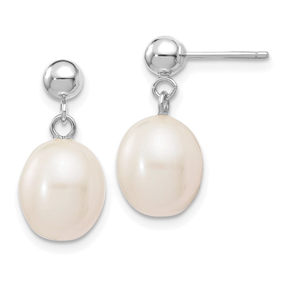 14k White Gold 8-9mm White Rice Freshwater Cultured Pearl Dangle Earrings