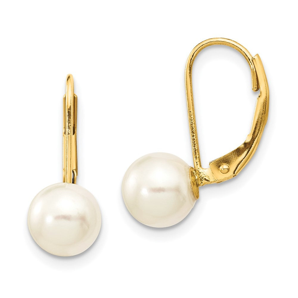 14k Yellow Gold 7mm White Saltwater Akoya Cultured Pearl Dangle Earrings
