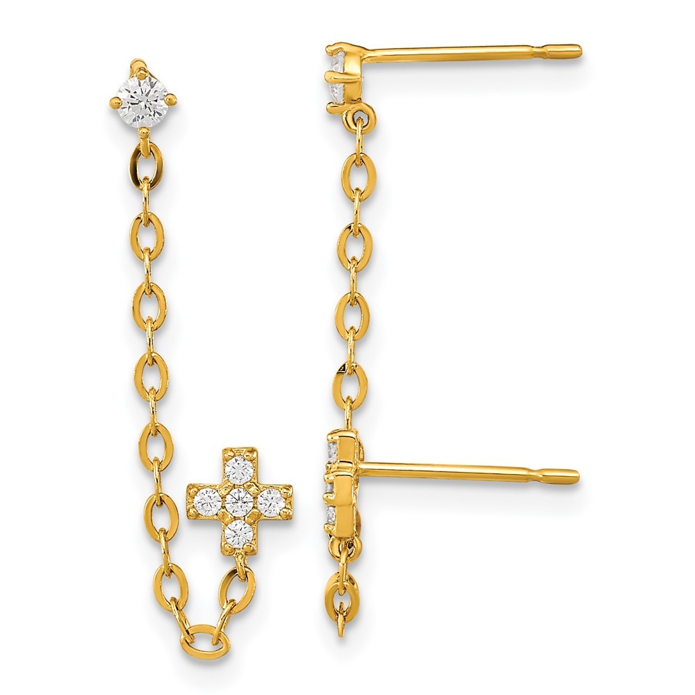 14k Yellow Gold Double w/Chain CZ Cross Earring (single)