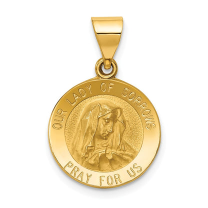 14k Yellow Gold Polished and Satin Our Lady of Sorrows Medal Hollow Pendant