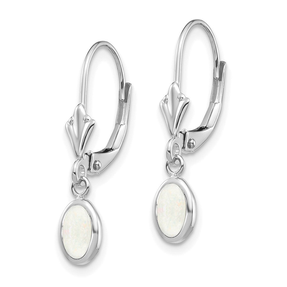 14k White Gold 6x4 Oval Bezel Opal Drop Dangle Earrings