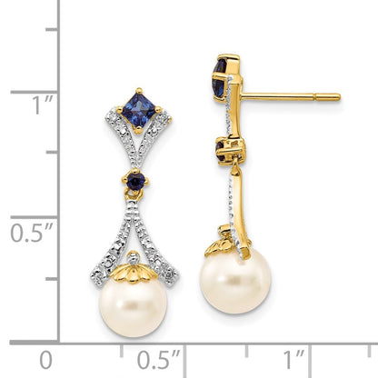 14k Yellow Gold 7-8mm FWC Pearl Created Sapphire Diamond Dangle Earrings
