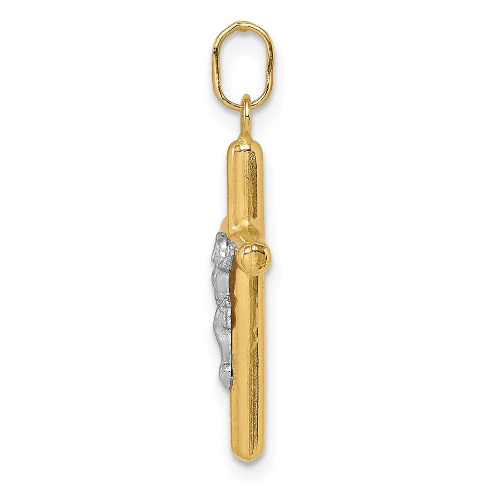 14k Yellow Gold with White Rhodium Polished Hollow Crucifix Charm Pendant
