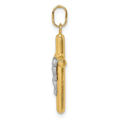 14k Yellow Gold with White Rhodium Polished Hollow Crucifix Charm Pendant