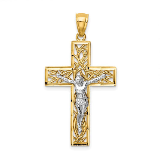 14k Two-tone Gold Satin Polished Diamond-Cut Crucifix Vines Pendant for Women