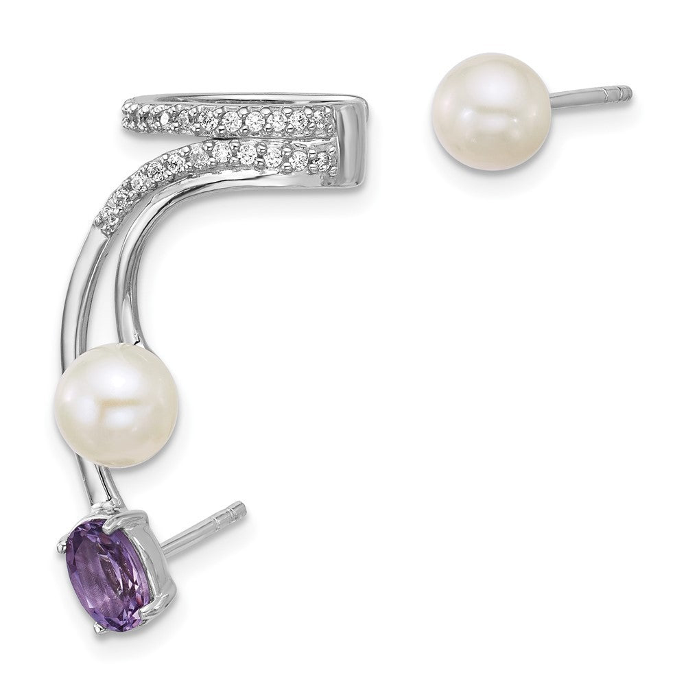 Sterling Silver CZ Freshwater Cultured Pearl & Amethyst Cuff Asymmetric Earrings