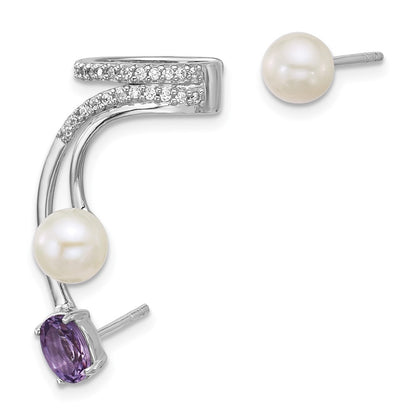 Sterling Silver CZ Freshwater Cultured Pearl & Amethyst Cuff Asymmetric Earrings
