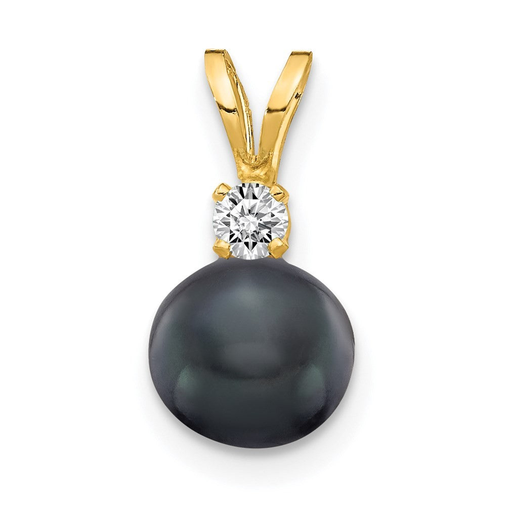14k Yellow Gold 6mm Black FW Cultured Pearl AA Diamond Pendant