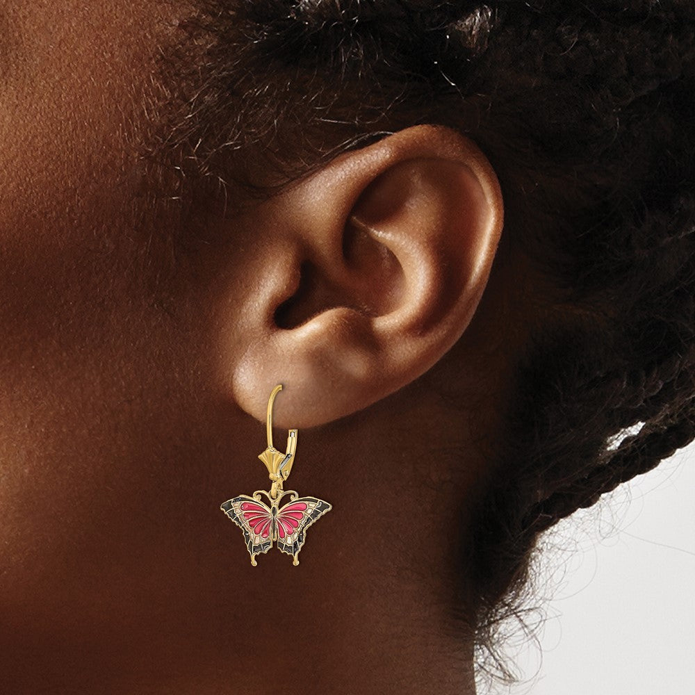14k Yellow Gold Pink Enameled Butterfly Drop Dangle Earrings