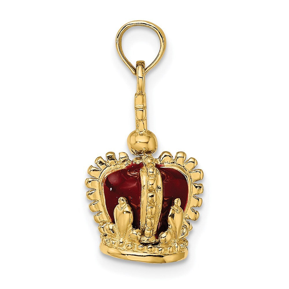 14k Yellow Gold 3-D  Red Enamel Inside Crown  Cross On top Charm Pendant