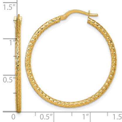 14k Yellow Gold Polished Diamond-cut Textured 2.00 x 32mm Tube Hoop Earrings