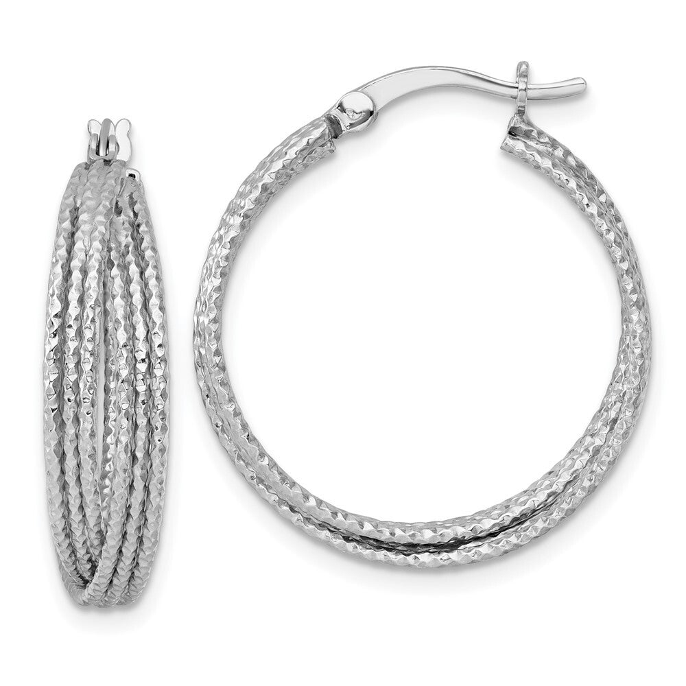 Sterling Silver Rhodium-plated Textured 25.0mm Crisscross Round Hoop Earrings