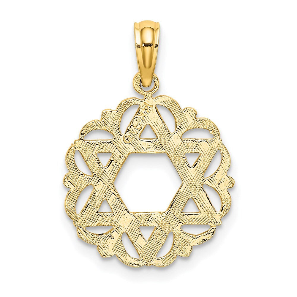 14k Yellow Gold Star Of David In Scalloped Circle Charm Pendant for Women