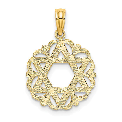 14k Yellow Gold Star Of David In Scalloped Circle Charm Pendant for Women