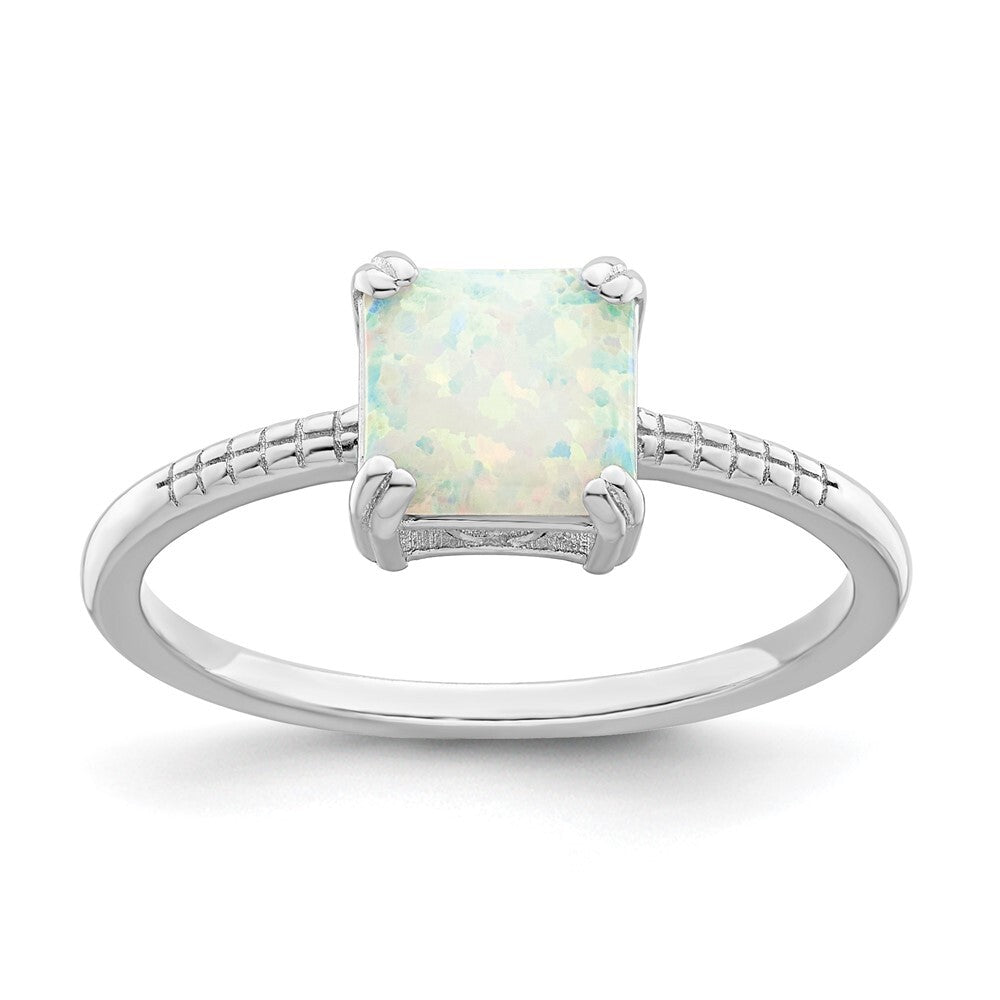 Sterling Silver Rhodium-plated Polished Square White Created Opal Ring Size 8