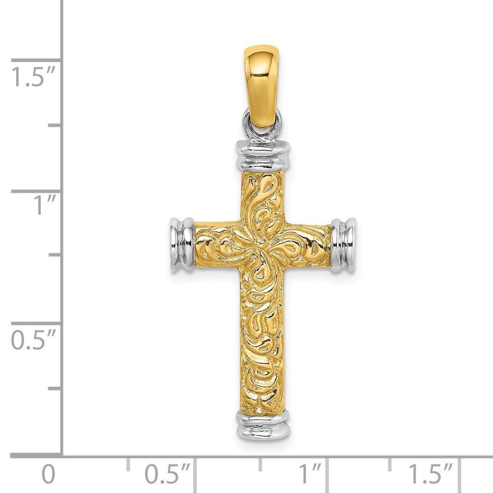 14K Two-Tone Gold w Rhodium Scroll and Double Endcaps Cross Charm