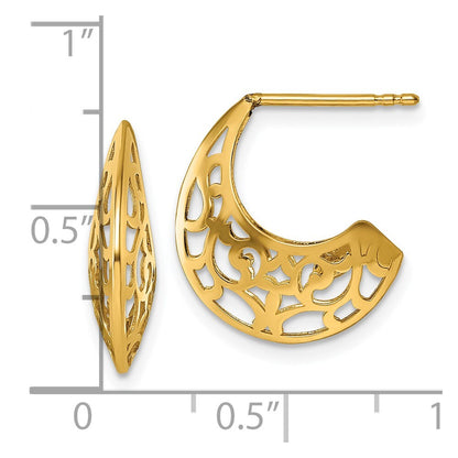 14k Yellow Gold Polished Fancy Cut Out Design J-Hoop Earrings Gift for Women
