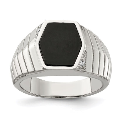 Sterling Silver Rhodium-plated Men's Cubic Zirconia & Onyx Ring Size 11