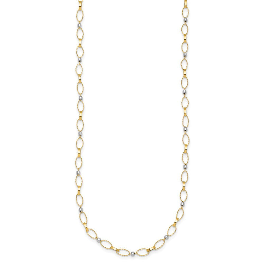 14k Two-tone Gold Polished Twisted Fancy Oval Links Faceted Beads Necklace 18"