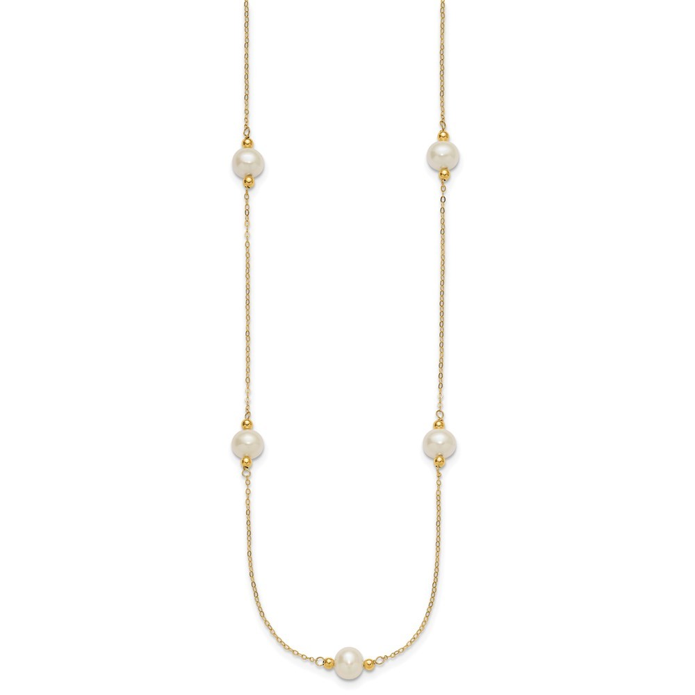 14k Yellow Gold 8-9mm Near-Round White Cultured Pearl 5-Station 18" Necklace