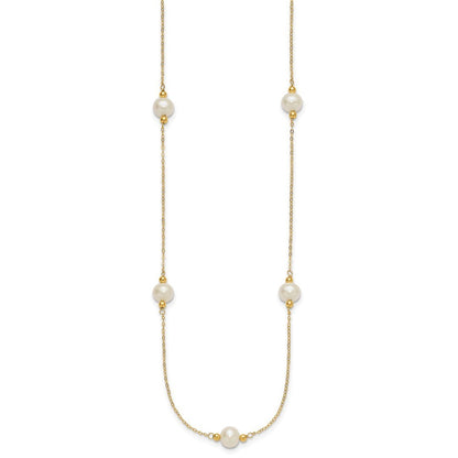 14k Yellow Gold 8-9mm Near-Round White Cultured Pearl 5-Station 18" Necklace