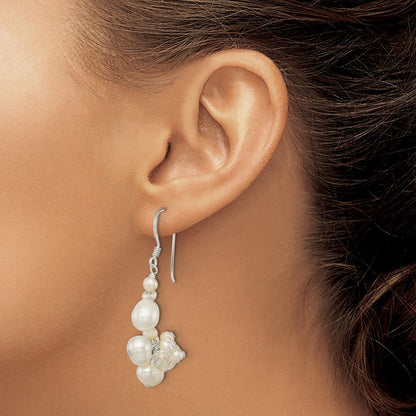 Sterling Silver Freshwater Cultured Pearl & Crystal Cluster Dangle Earrings