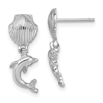 14K White Gold Dolphin Dangle From Mini Scallop Earrings Gift for Women