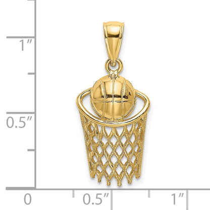 14k Yellow Gold Polished Basketball and Net Charm Pendant