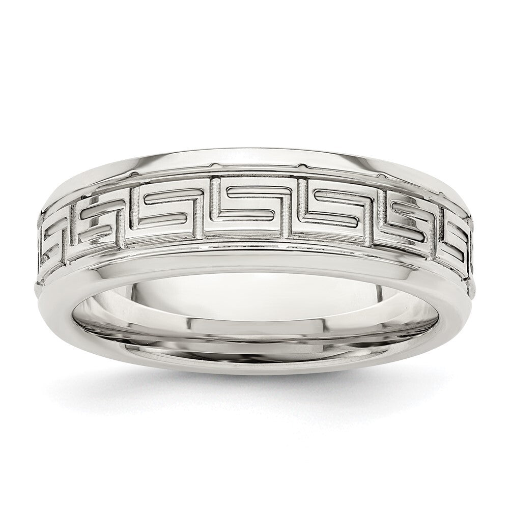 Sterling Silver 6mm Polished Flat Greek Key Beveled Edge Band Ring Size 7
