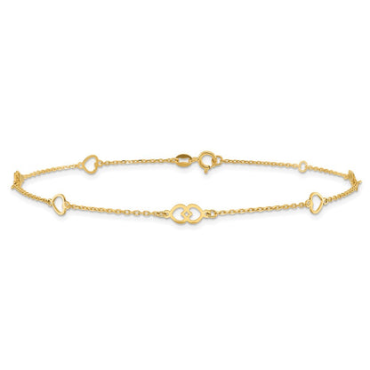 14k Yellow Gold Polished Heart Links and Chain 10" Anklet