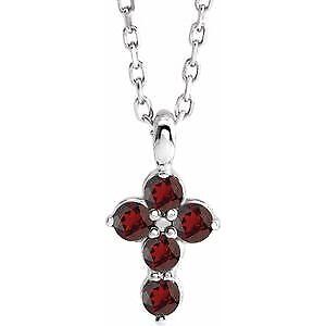 14k White Gold Natural Mozambique Garnet Cross Pendant Necklace 16-18"