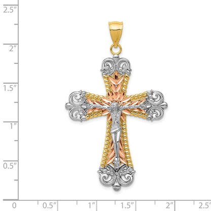 14K Tri-Color Gold W White Rhodium Crucifix Cross Pendant