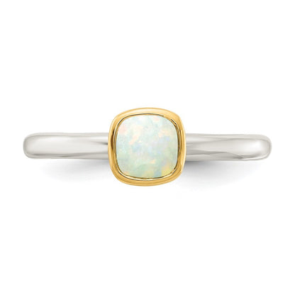Sterling Silver & 14K Gold Accent Polished Cushion-cut Milky Opal Ring Sz 6