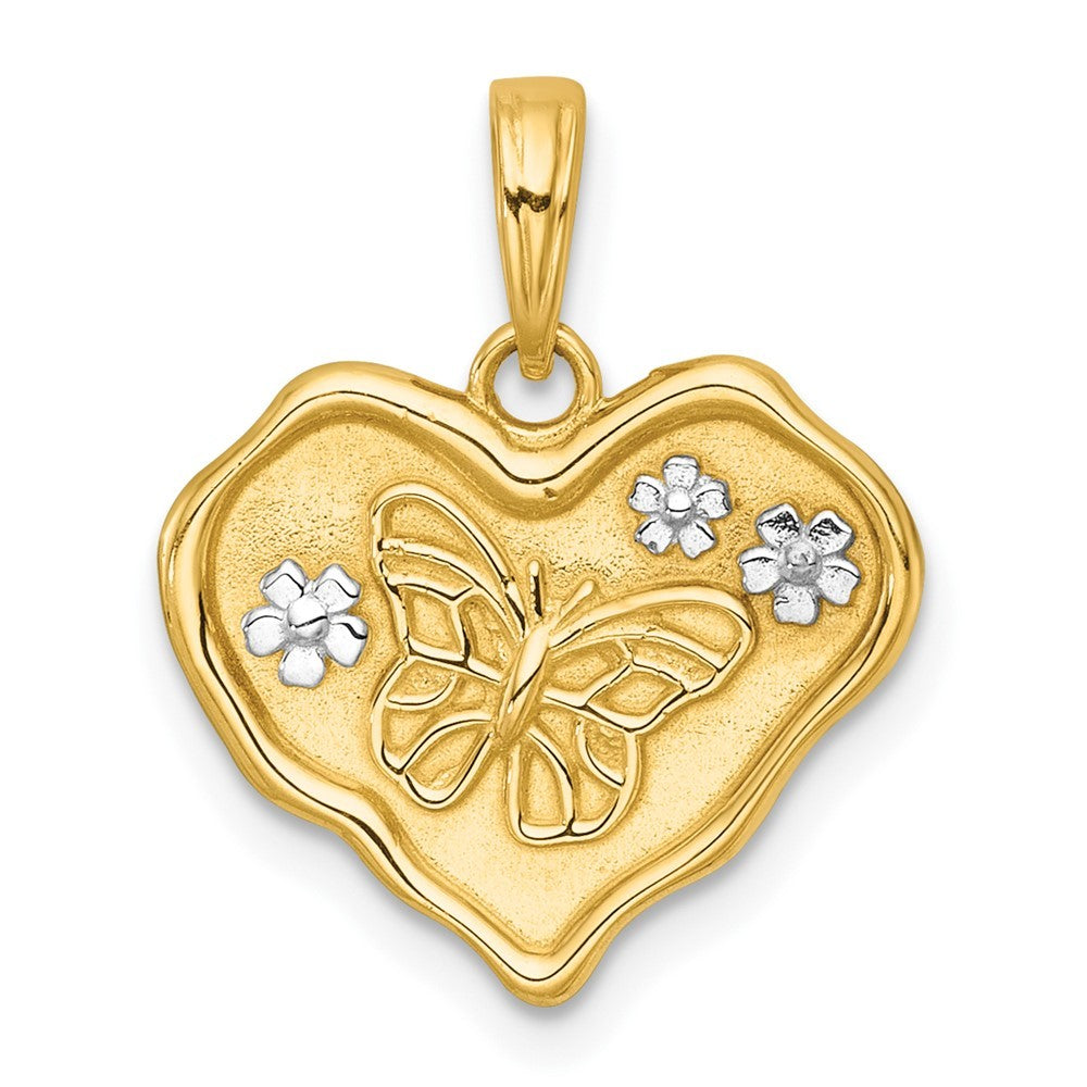 14k Yellow Gold White Rhodium Brushed Butterfly & Flowers In Wavy Heart Pendant