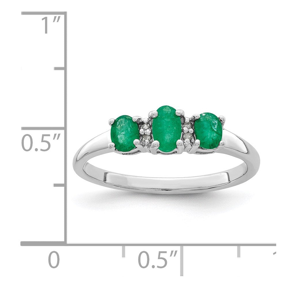 Sterling Silver Rhodium-plated Emerald 3 Stone and Diamond Ring Size 8
