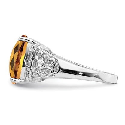 Sterling Silver Rhodium Diamond & Checker-Cut Whiskey Quartz Ring Size 7
