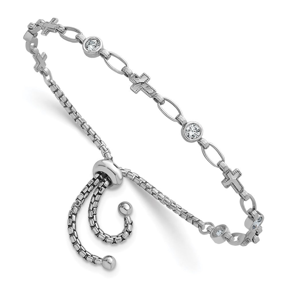 Sterling Silver Rhodium-plated  Round CZ and Cross Adjustable Bolo Bracelet