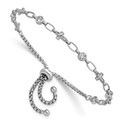 Sterling Silver Rhodium-plated  Round CZ and Cross Adjustable Bolo Bracelet