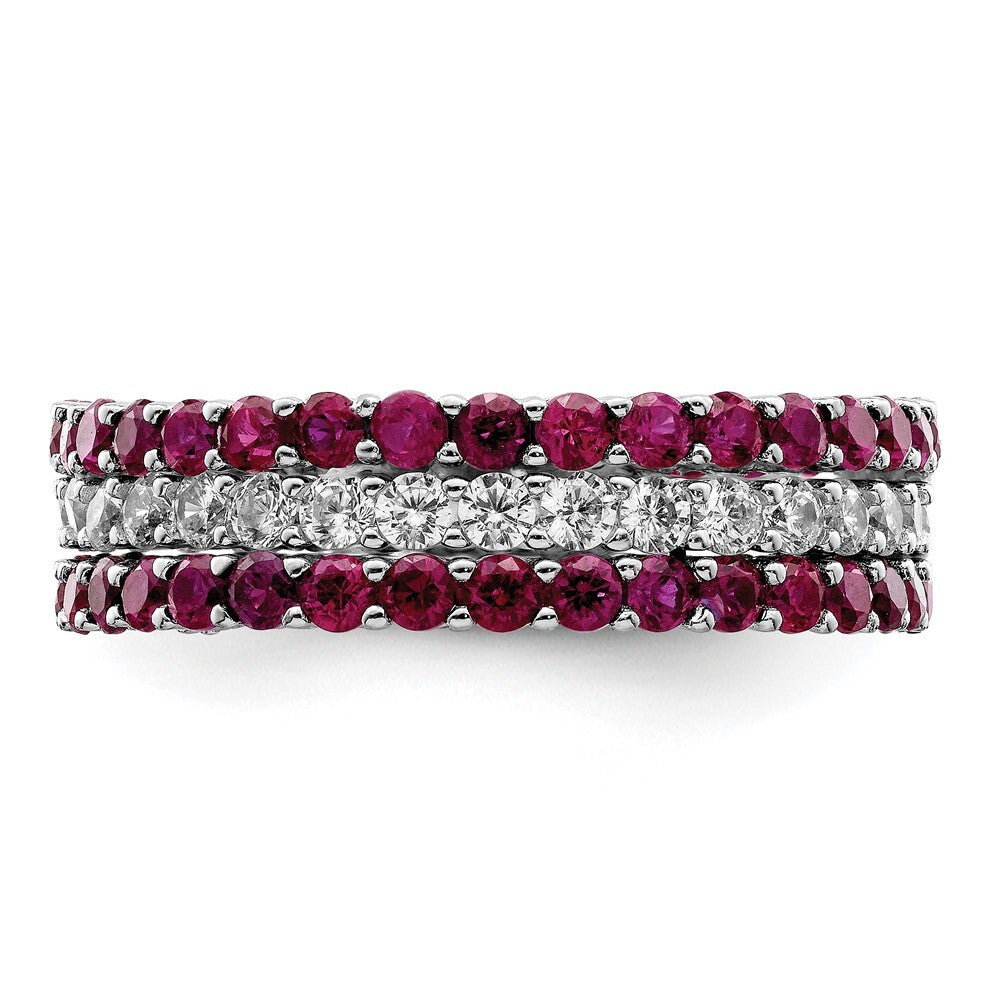 Sterling Silver Rhodium-plated Polished Pink & White CZ 3 Ring Set Size 6