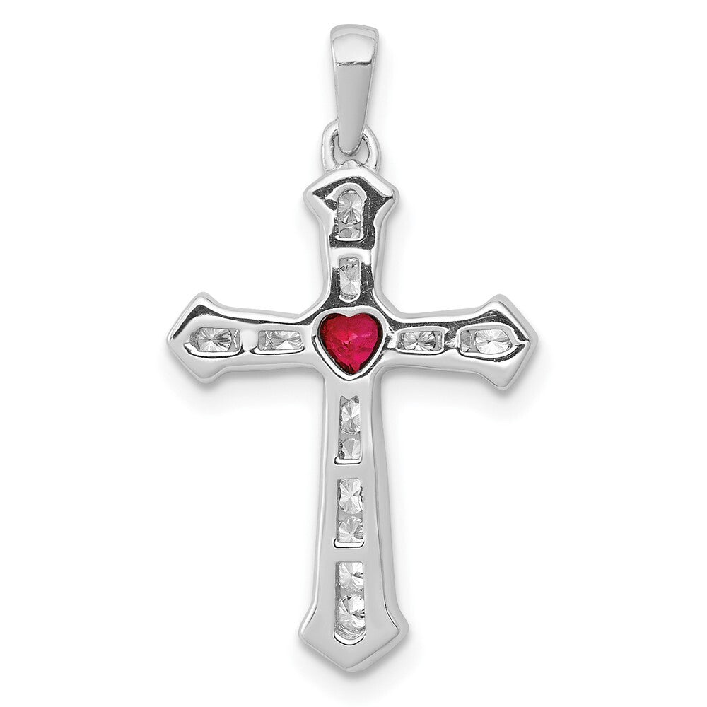 14k White Gold Ruby and Diamond Heart Cross Pendant for Women