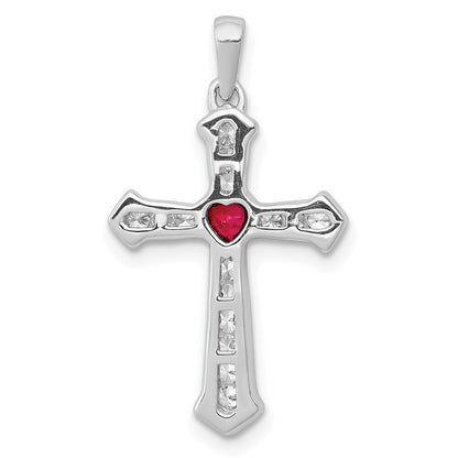 14k White Gold Ruby and Diamond Heart Cross Pendant for Women