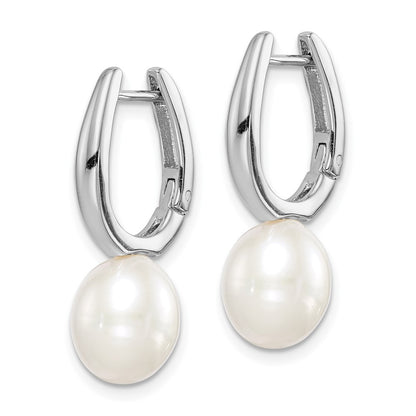 Sterling Silver 7-8mm Rice Freshwater Cultured Pearl Dangle Hoop Earrings