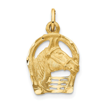 14k Yellow Gold Diamond-cut Horse Head in Horseshoe Charm Pendant for Women