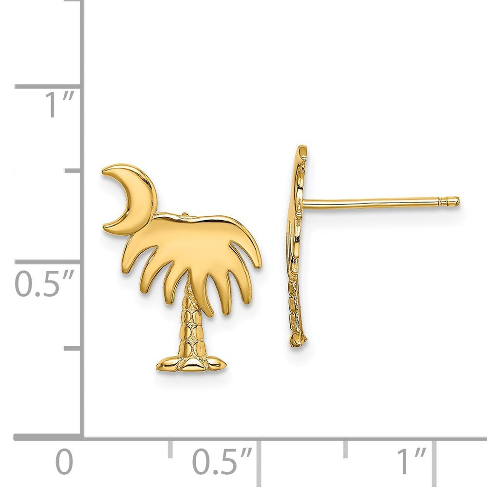 14k Yellow Gold Charleston Palm Tree Moon Stud Earrings Gift for Women