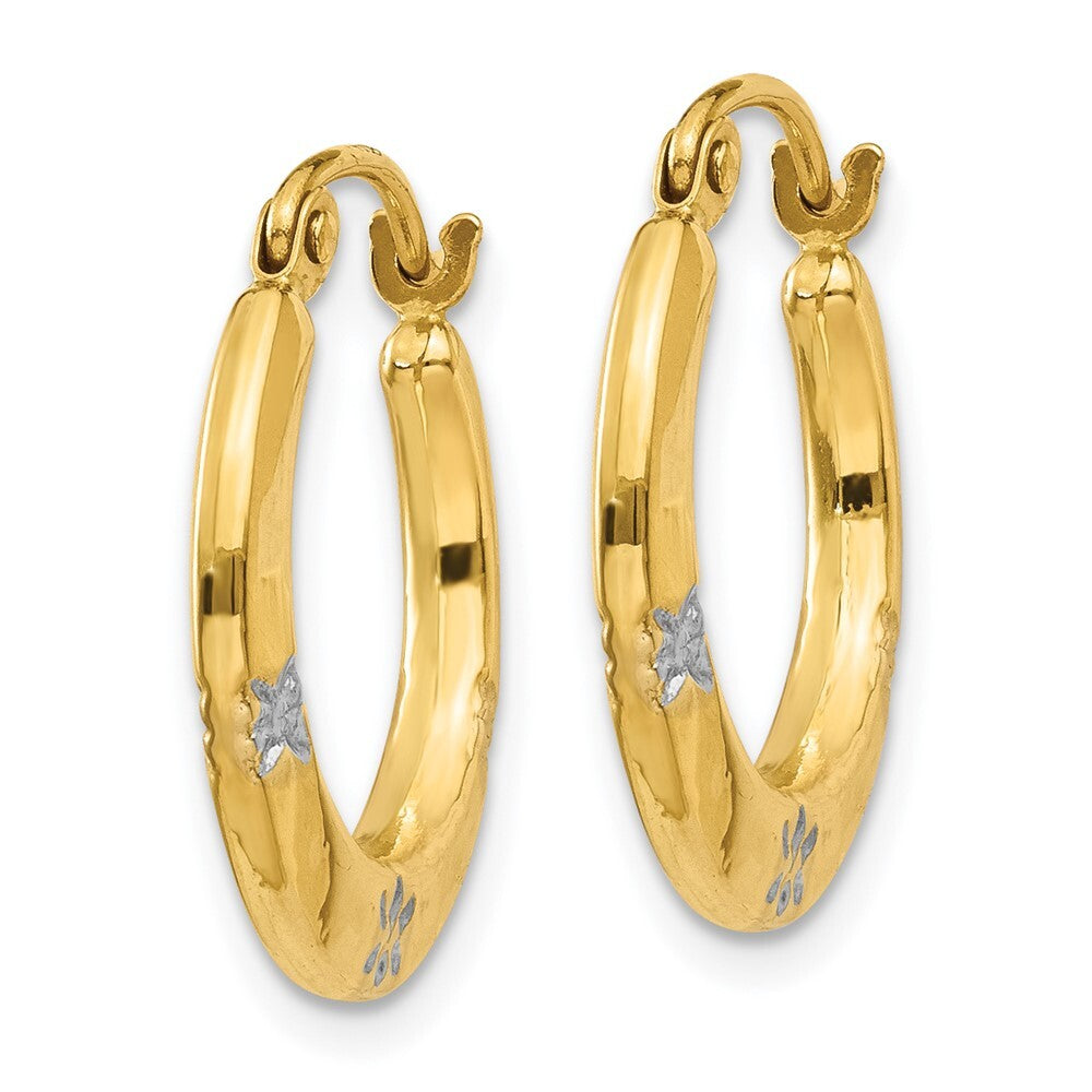 14k Yellow Gold & Rhodium Flowers Hollow Hoop Earrings Gift for Women